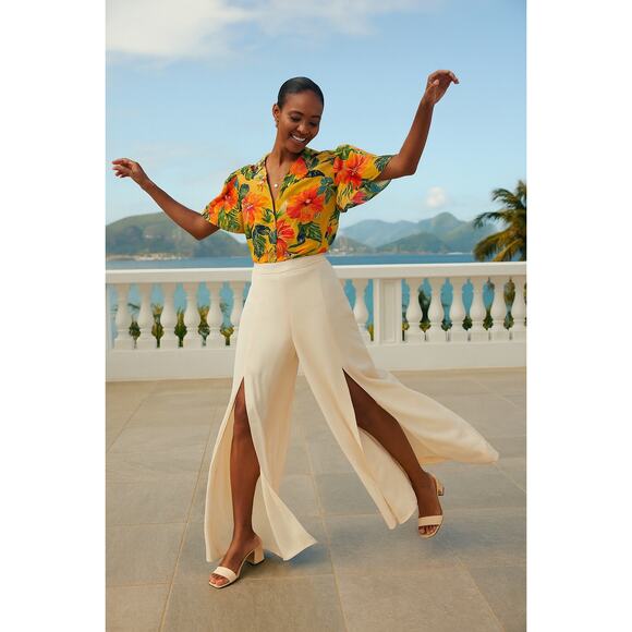 Haute Hippie Wide Leg Front Slit Cream Trousers Pants 6 High Waisted Flowy - Picture 1 of 12